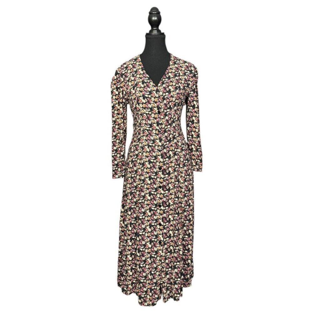 Vintage 90s Floral Rayon Button Front Dress, Long Sleeve Fit and Flare Boho